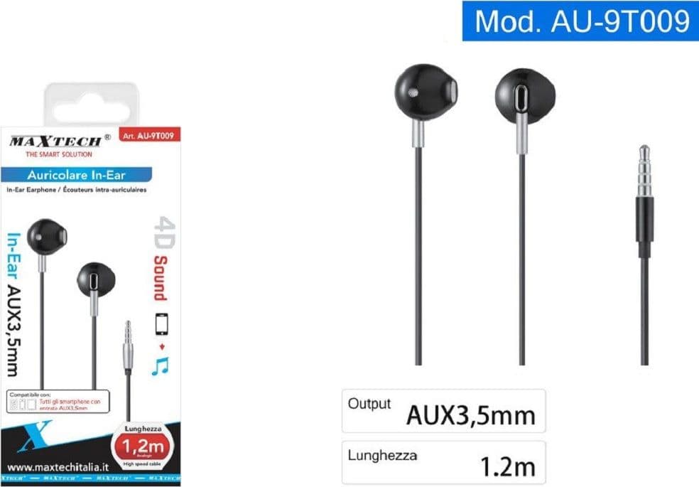 AURICOLARI CUFFIE IN-EAR FILO 1,2 METRI CONNETTORE AUX 3,5MM SMARTPHONE AU-9T009 - 4