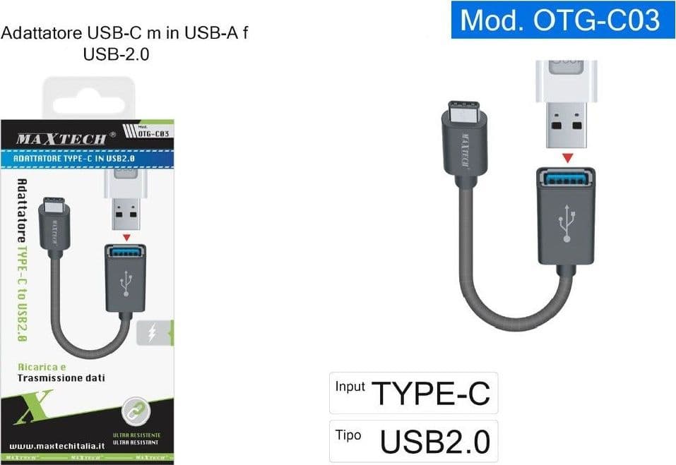 ADATTATORE TYPE-C MASCHIO A USB-A 2.0 FEMMINA RICARICA TRASMISSIONE DATI OTG-C03 - 2