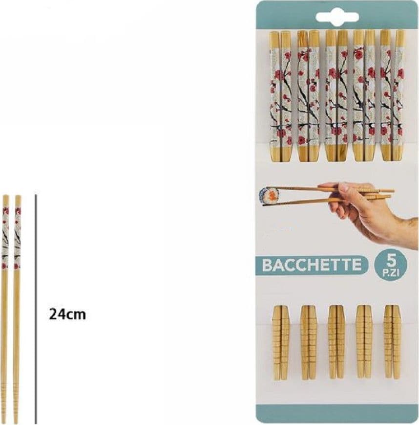 SET 5 COPPIE 10 BACCHETTE LEGNO CINESI GIAPPONESI POSATE CUCINA 24CM FIORI 74189 - 1