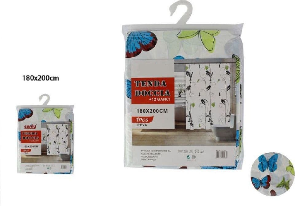TENDA DOCCIA VASCA DA BAGNO PEVA 12 GANCI DECORATA CON FARFALLE 180X200CM 52146 - 2
