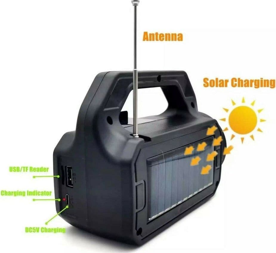 CASSA PORTATILE BLUETOOTH RADIO USB MICROSD 5W PANNELLO SOLARE TORCIA LED T-5291 - 5