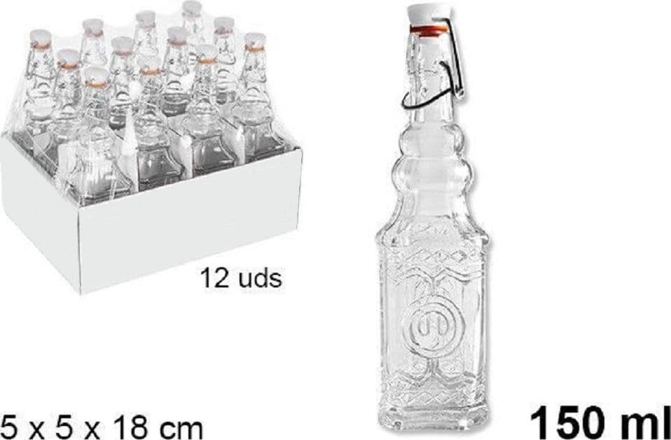 SET 12 PZ BOTTIGLIE IN VETRO QUADRATA DECORATA CON TAPPO MECCANICO 150 ML 108008 - 2
