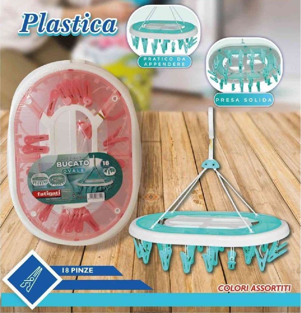 STENDINO BUCATO IN PLASTICA 18 PINZE MOLLETTE OVALE BIANCHERIA ASCIUGATURA 38301 - 2
