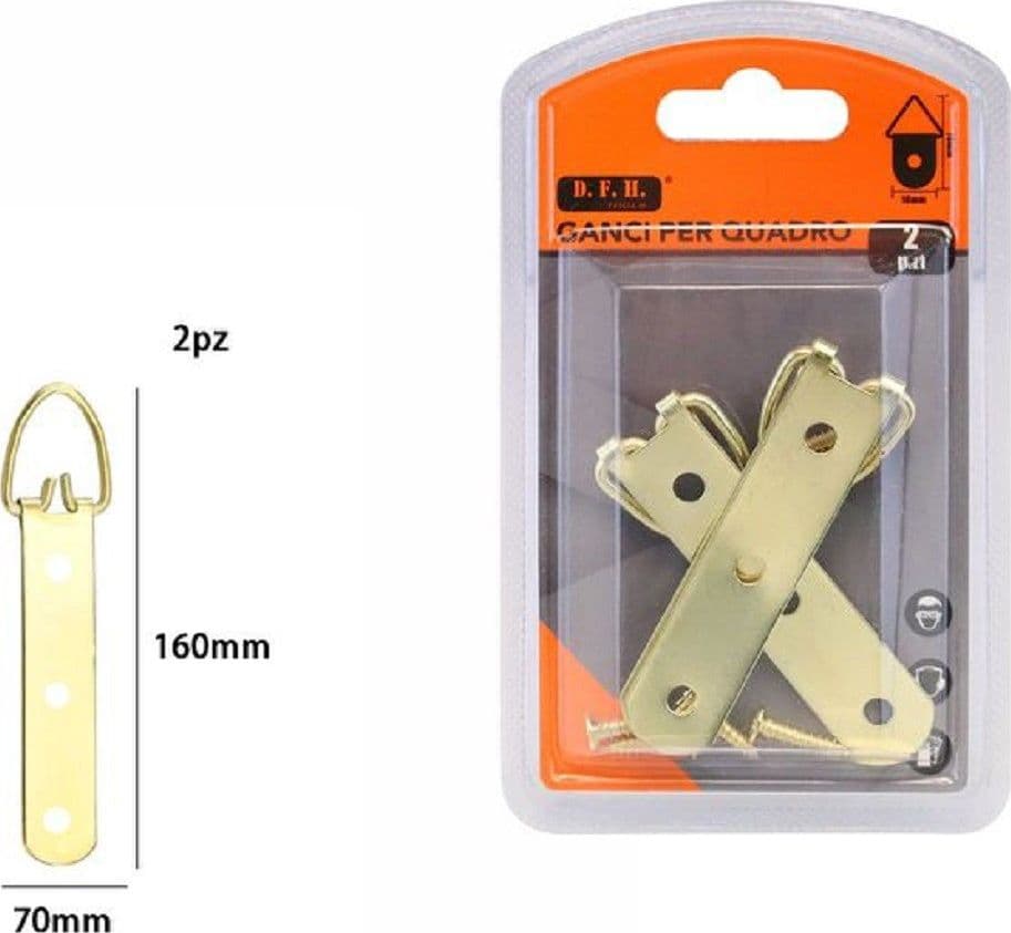 SET 2 PEZZI GANCI DORATI PER QUADRI CORNICI APPENDERE PARETE 70 X 160 MM 07515