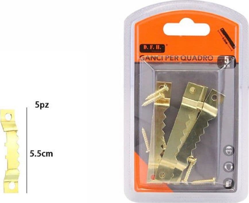 SET 5 PEZZI GANCI DORATI PER QUADRI QUADRO CORNICI APPENDERE PARETE 5.5 CM 07518