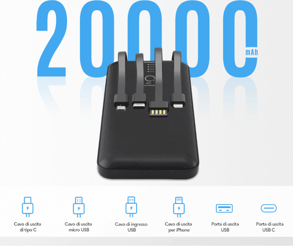 POWER BANK 20000mah CARICABATTERIE PORTATILE VELOCE CON 4 CAVI USB CARICA RAPIDA - 4