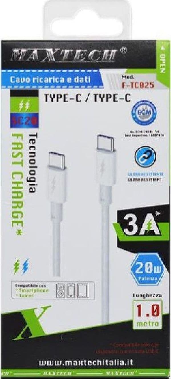 CAVO TYPE-C /TYPE-C RICARICA VELOCE 3A 1MT TRASFERIMENTO DATI SMARTPHONE F-TC025 - 3