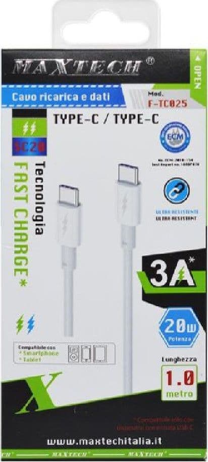 CAVO TYPE-C /TYPE-C RICARICA VELOCE 3A 1MT TRASFERIMENTO DATI SMARTPHONE F-TC025 - 3