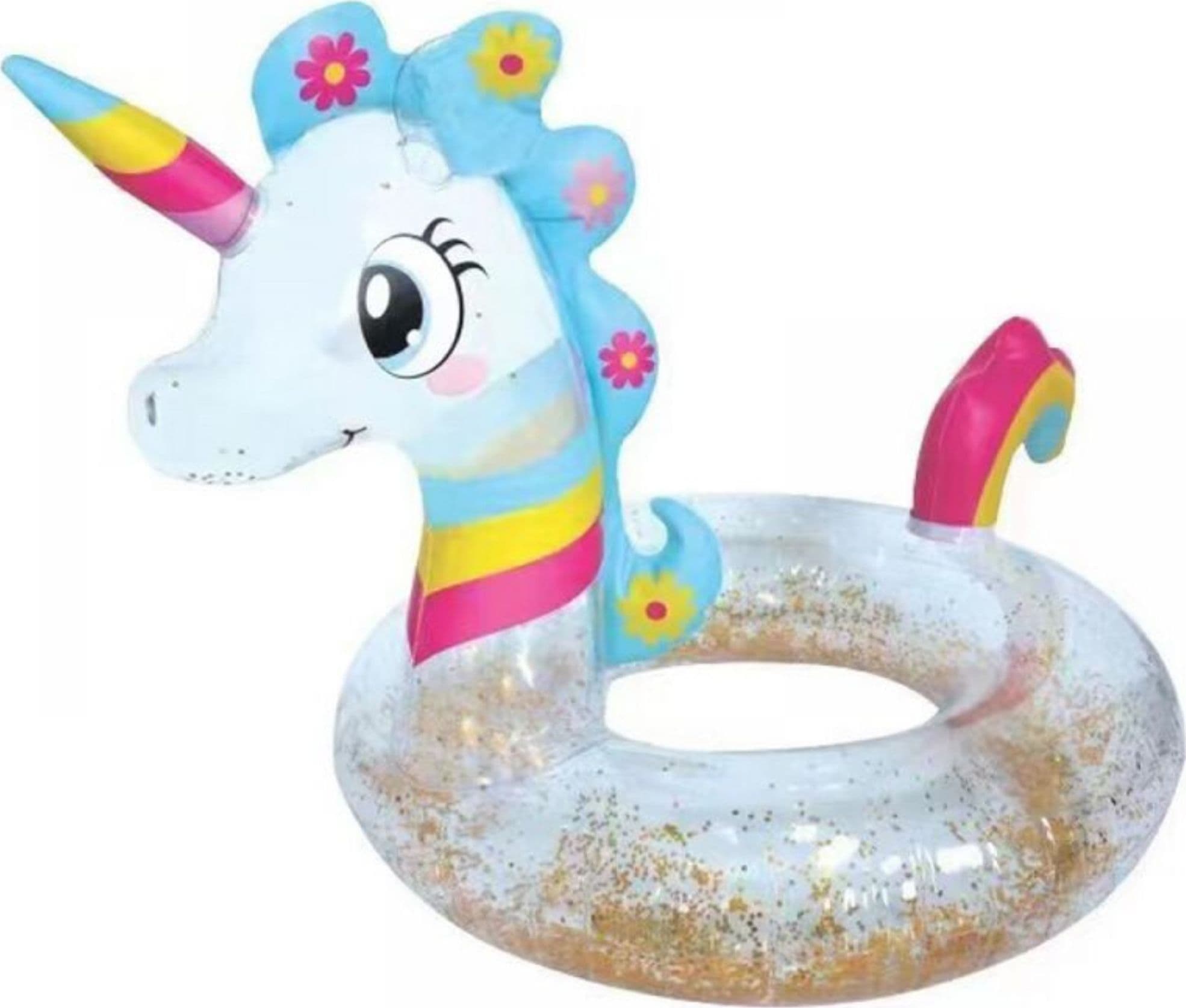 SALVAGENTE UNICORNO BIANCO ARCOBALENO CIAMBELLA GLITTERATO MARE DIAMETRO 90 CM