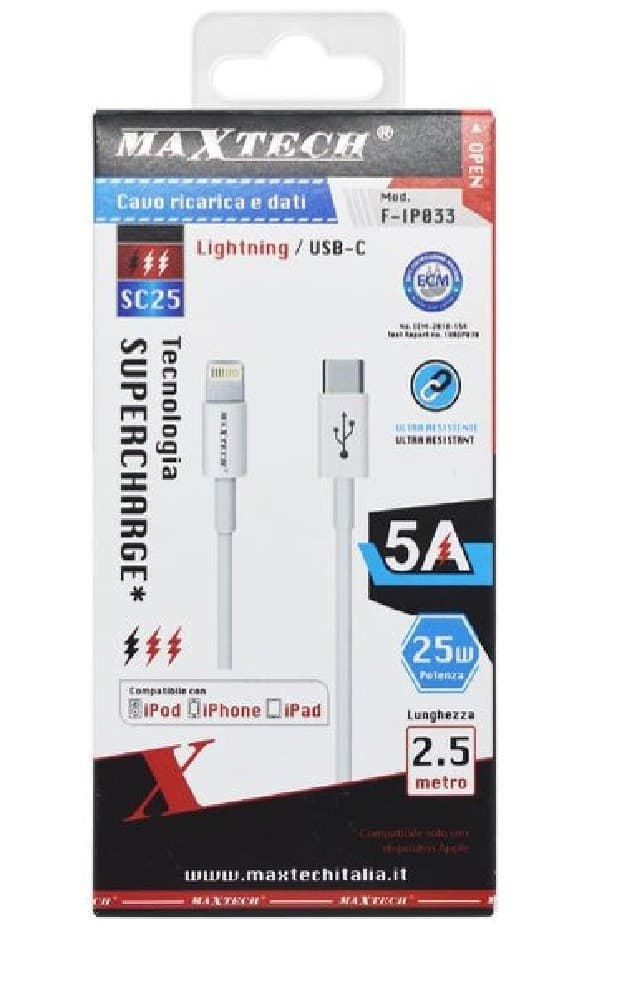 CAVO DATI RICARICA LIGHTNING A TYPE-C 5A SUPER CARICA IPHONE IPAD 2.5 MT F-IP033 - 3