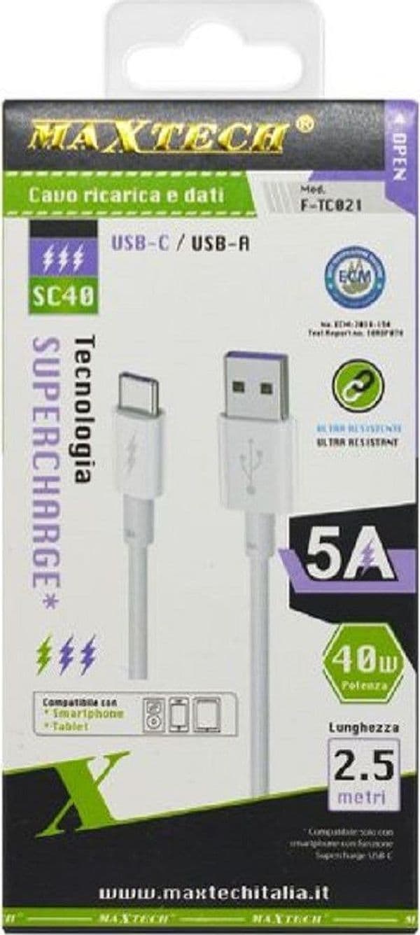CAVO TYPE-C USB 2.5MT SUPERCHARGE RICARICA RAPIDA 5A DATI PER SMARTPHONE F-TC021 - 3