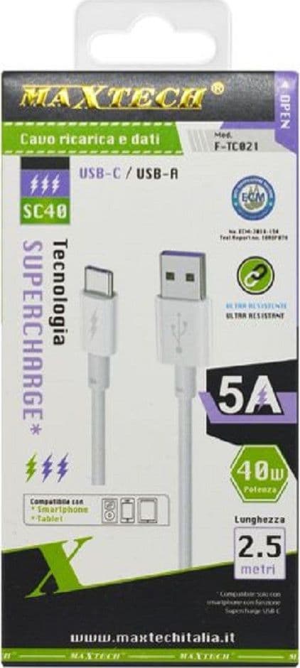 CAVO TYPE-C USB 2.5MT SUPERCHARGE RICARICA RAPIDA 5A DATI PER SMARTPHONE F-TC021 - 3
