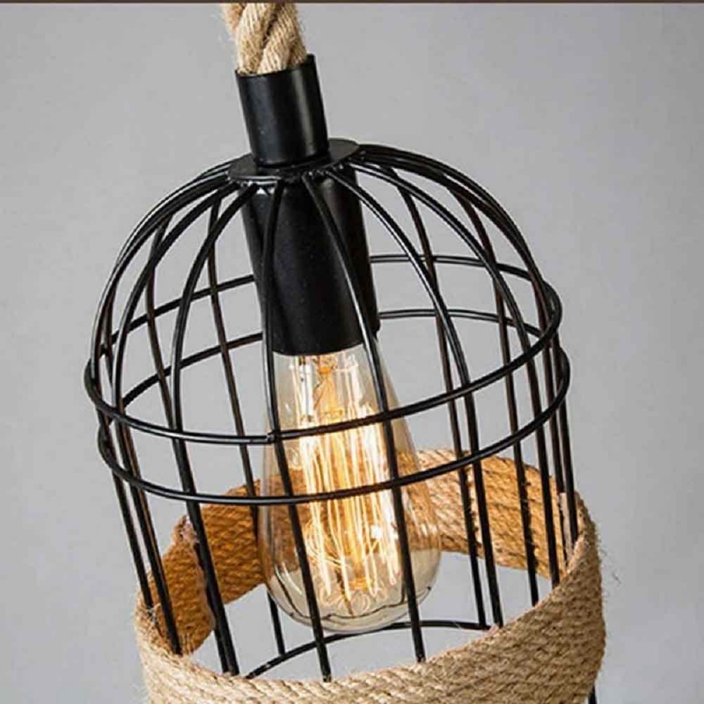 LAMPADARIO A SOSPENSIONE STILE INDUSTRIALE IN METALLO CORDA CANAPA RETRÒ B60-5 - 5