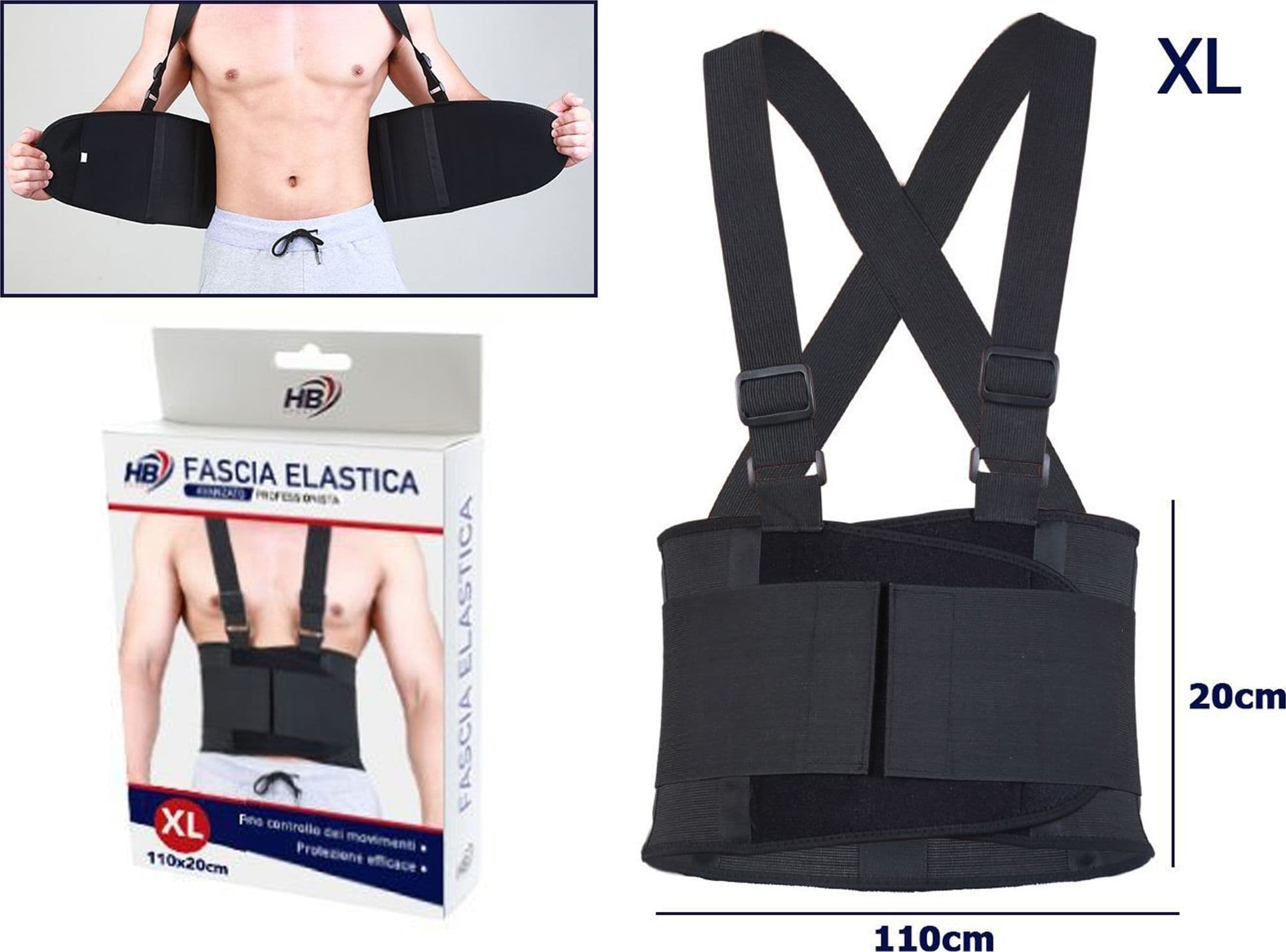FASCIA POSTURALE SCHIENA SUPPORTO REGOLABILE A STRAPPO TUTORE LOMBARE NERO TG.XL