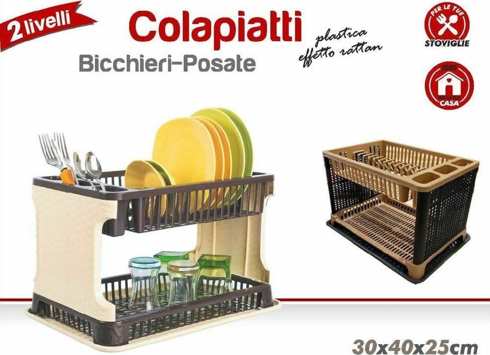 SCOLAPIATTI IN PLASTICA EFFETTO RATTAN 2 RIPIANI PIATTI POSATE BICCHIERI MARRONE - 2