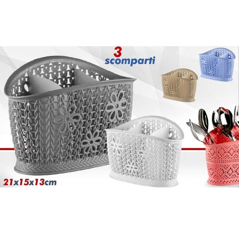 CESTINO COLAPOSATE CUCINA OVALE A 3 SCOMPARTI IN PLASTICA COLORATO RICAMO FIORI