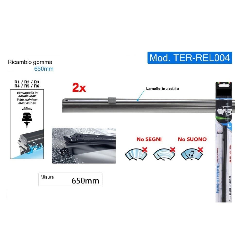 RICAMBIO GOMMA PER SPAZZOLA TERGICRISTALLO NERO 65 CM LAMELLO ACCIAIO TER-REL004 - 2