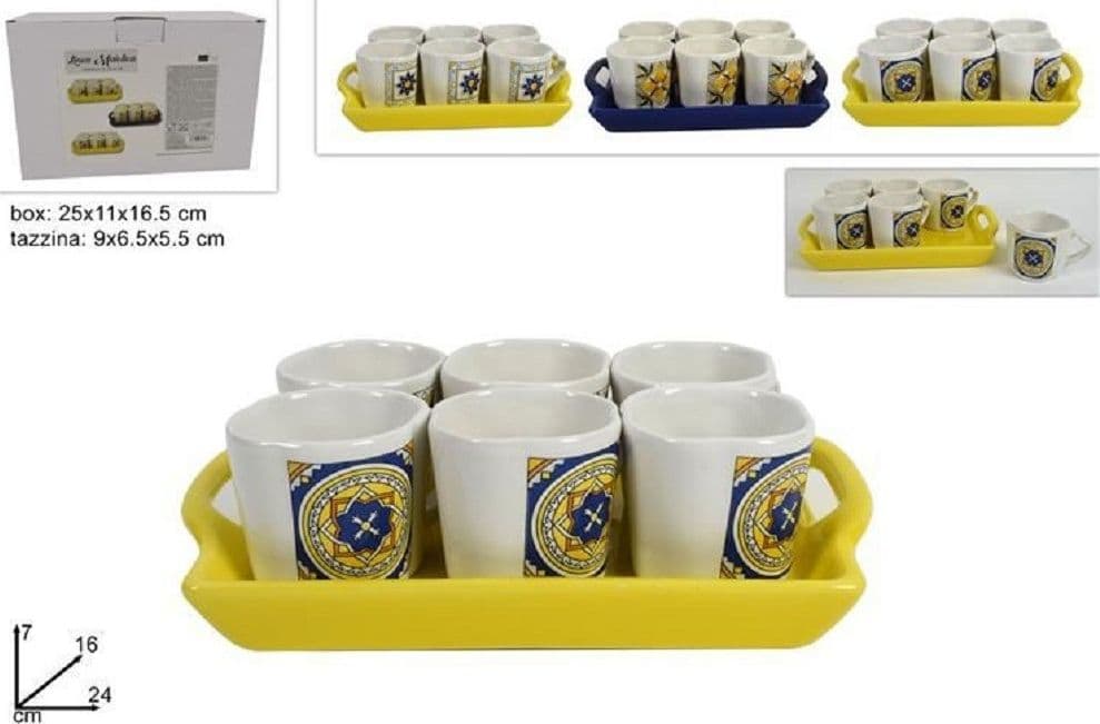 SET 6 PEZZI TAZZINE TAZZE SERVIZIO TÈ CAFFÈ CON VASSOIO CON DECORO MAIOLICA