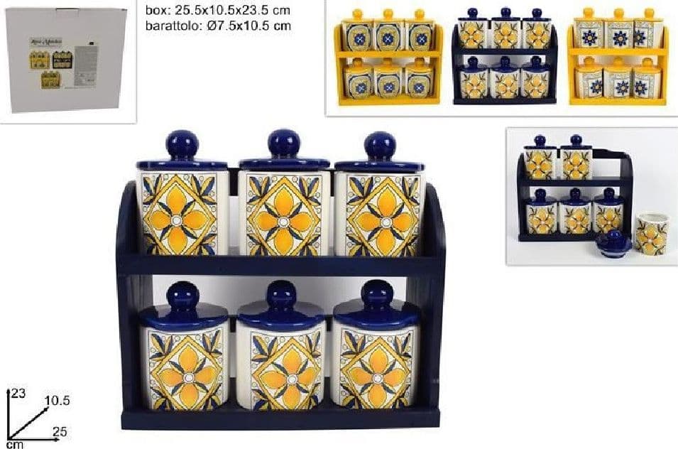 SET 6 PZ BARATTOLI IN CERAMICA DECORATA FANTASIA DECORO MAIOLICA CON ESPOSITORE