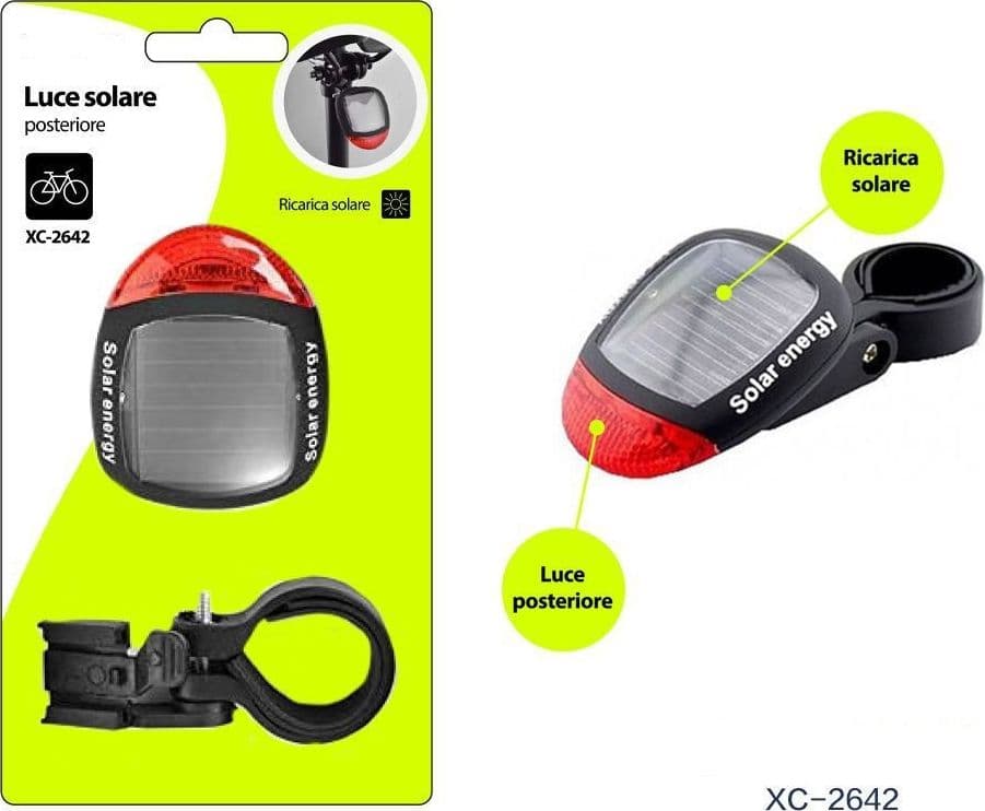 LUCE FANALE FARO POSTERIORE PER BICI RICARICA AD ENERGIA SOLARE SUPPORTO XC-2642