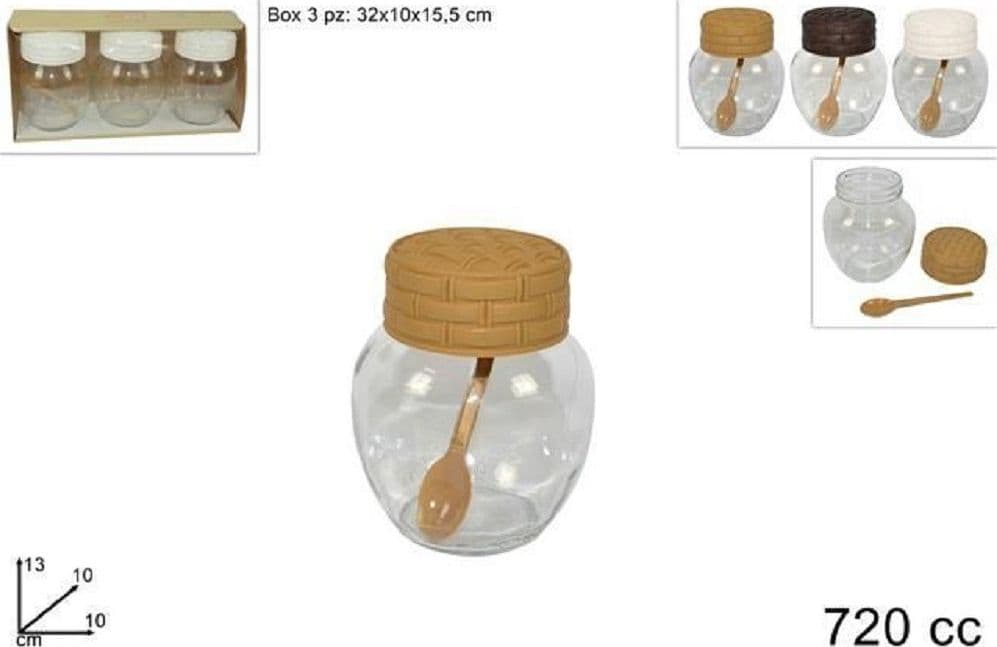 SET 3 PZ BARATTOLI IN VETRO 720CC CON COPERCHIO CUCCHIAINO CONTENITORI 720150
