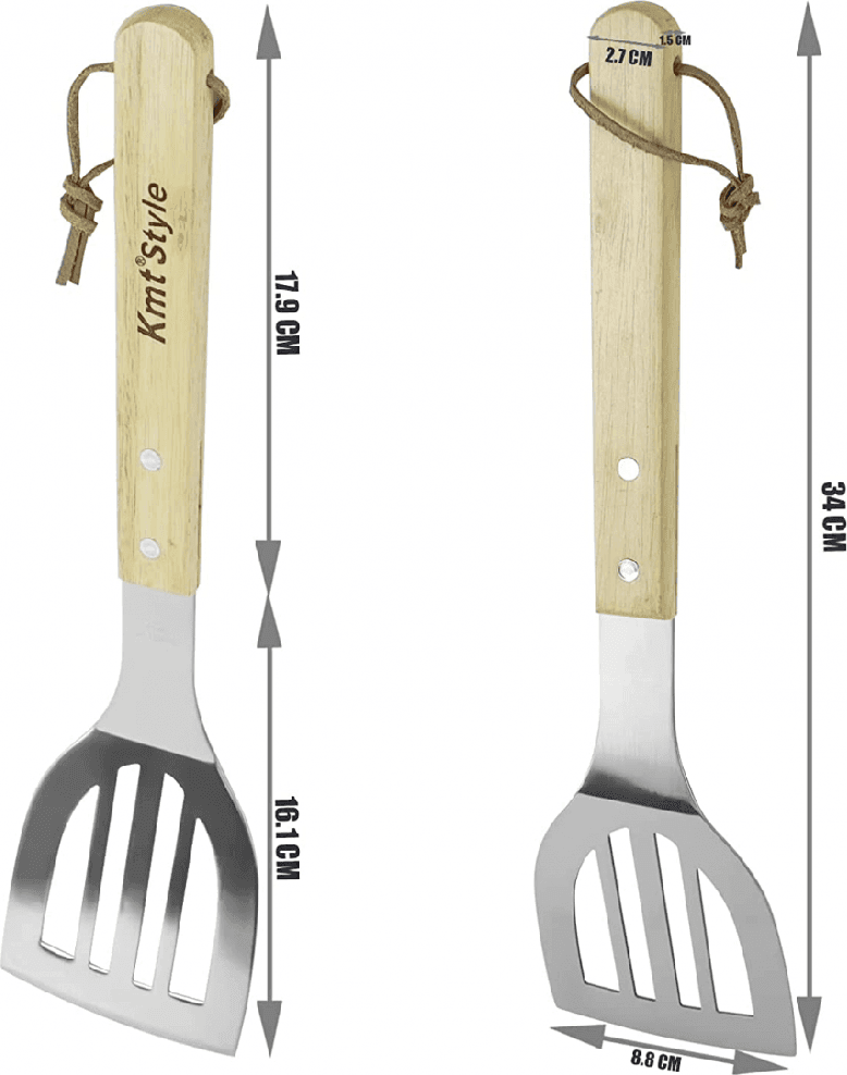 SET 3 ATTREZZI GRIGLIA BARBECUE FORCHETTONE PINZA SPATOLA IN ACCIAIO MANICO LEGNO - 2