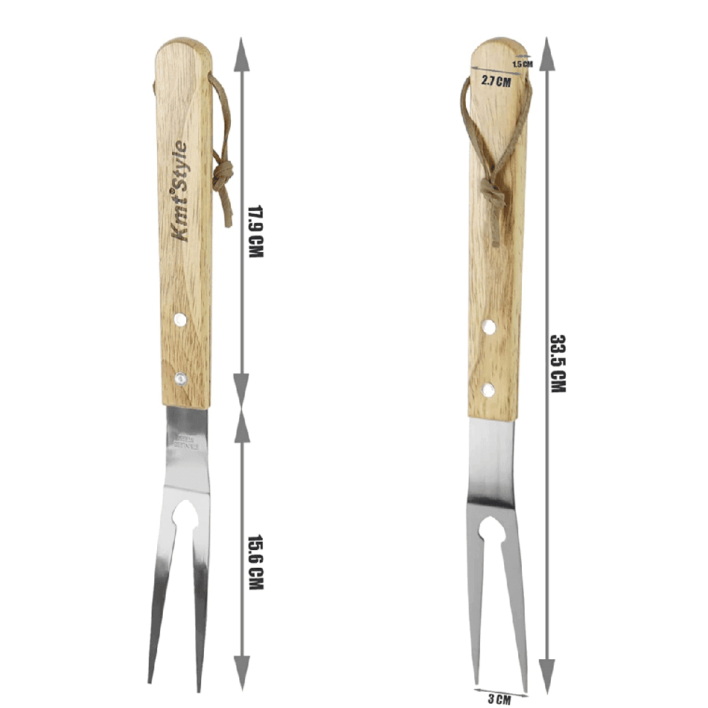SET 3 ATTREZZI GRIGLIA BARBECUE FORCHETTONE PINZA SPATOLA IN ACCIAIO MANICO LEGNO - 4