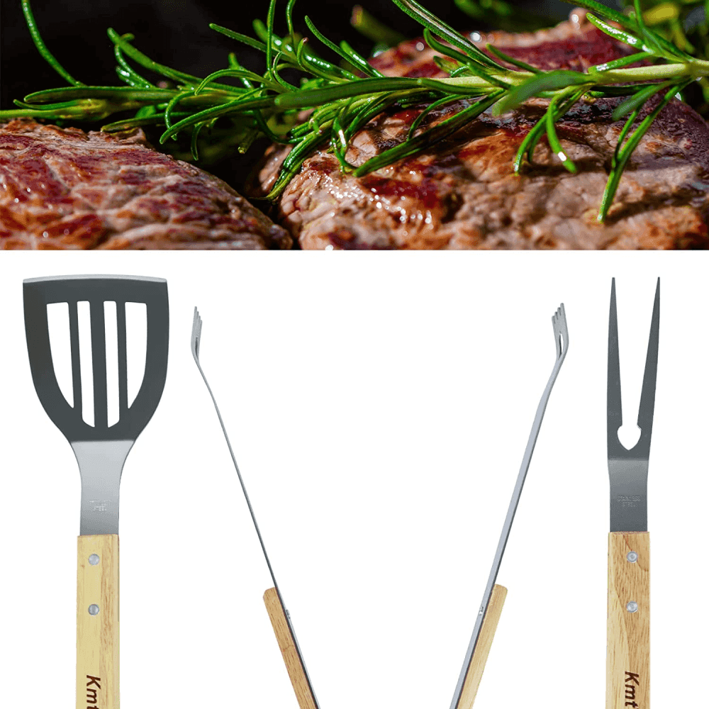 SET 3 ATTREZZI GRIGLIA BARBECUE FORCHETTONE PINZA SPATOLA IN ACCIAIO MANICO LEGNO - 5