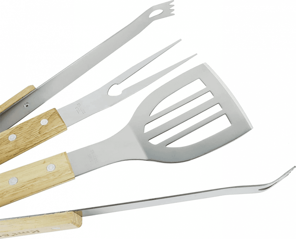 SET 3 ATTREZZI GRIGLIA BARBECUE FORCHETTONE PINZA SPATOLA IN ACCIAIO MANICO LEGNO - 6