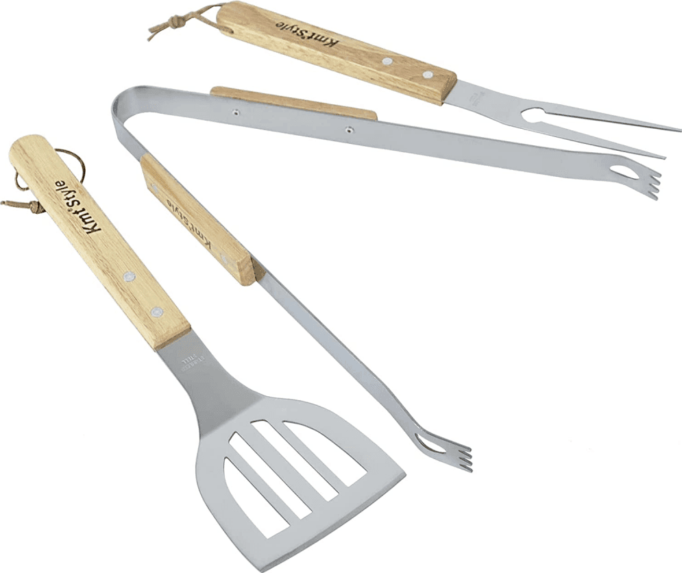 SET 3 ATTREZZI GRIGLIA BARBECUE FORCHETTONE PINZA SPATOLA IN ACCIAIO MANICO LEGNO - 7