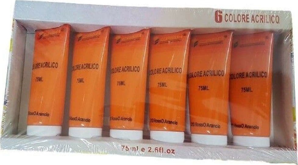 SET 6PZ PITTURA ACRILICA VERNICE CONFEZIONE COLORE ROSSO ARANCIO TUBO 75ML 07496 - 2