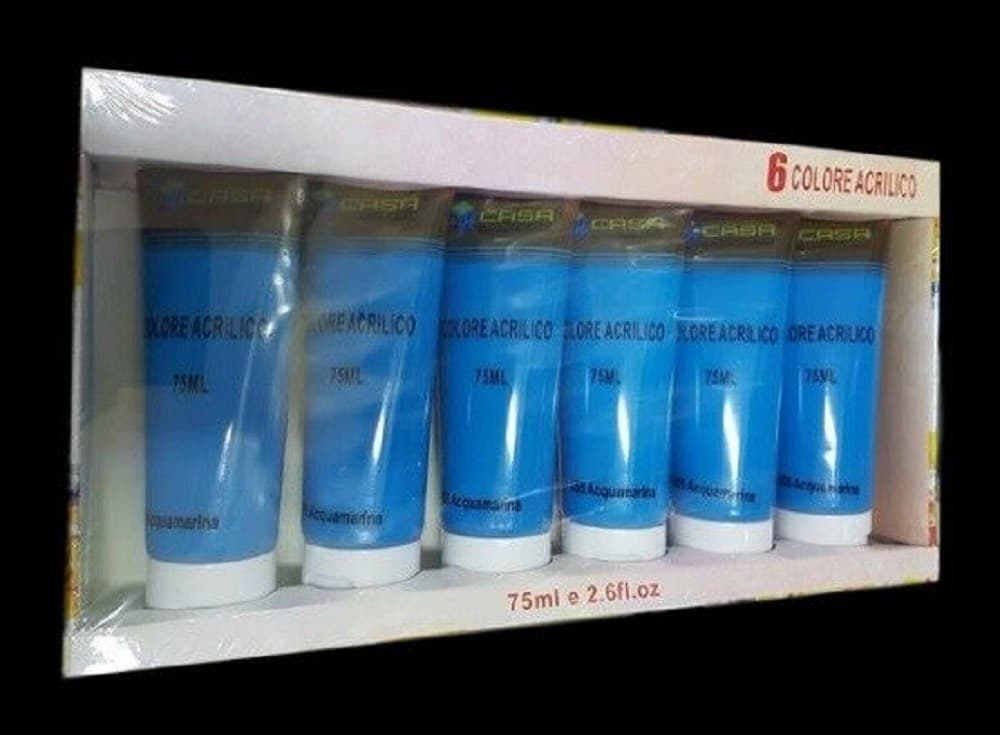 SET 6 PZ PITTURA ACRILICA VERNICE CONFEZIONE COLORE ACQUAMARINA TUBO 75 ML 07502 - 2