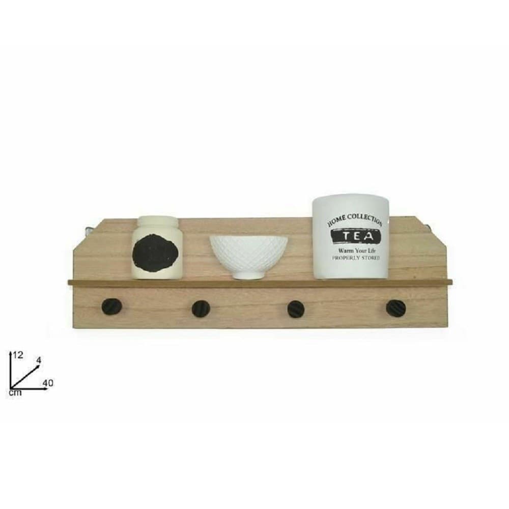 MENSOLA IN LEGNO DA PARETE RIPIANO CON 4 APPENDINI DECORAZIONE CASA 12X40X4 CM