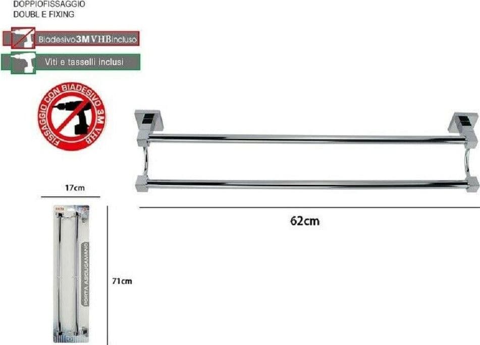 PORTA ASCIUGAMANI DOPPIO IN ACCIAIO BAGNO FISSAGGIO A PARETE 60CM SQUARE 59192 - 2