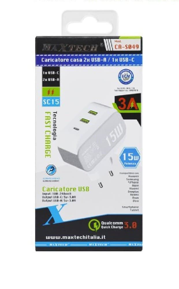 CARICATORE PARETE CASA DOPPIA PORTA USB 1X USB-C TYPE-C RICARICA 15W 3A CA-S049 - 3