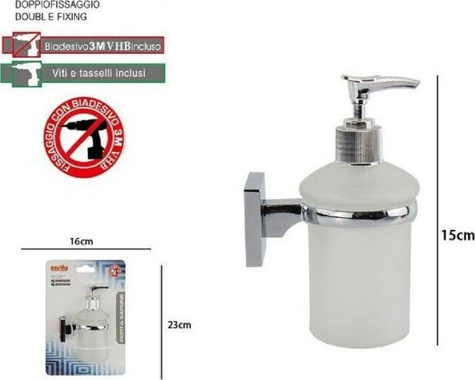 DISPENSER PORTASAPONE LIQUIDO VETRO SATINATO FISSAGGIO PARETE BAGNO SQUARE 59188 - 2