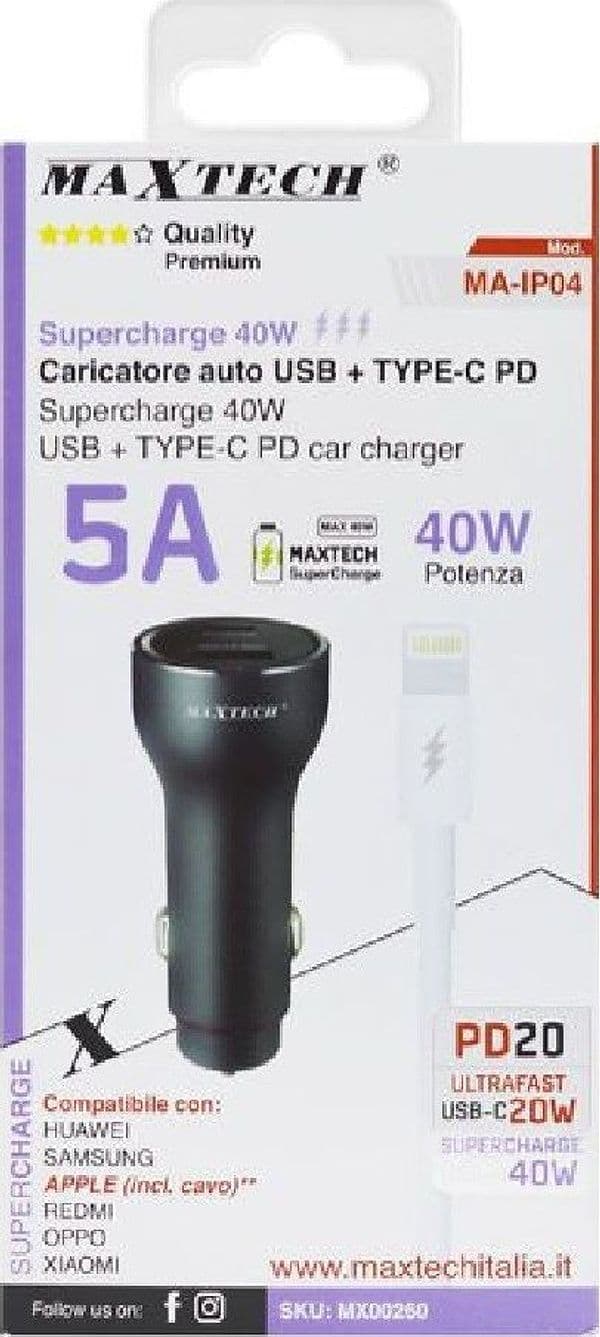 KIT CARICABATTERIE AUTO USB/TYPE-C SUPERCHANGE CAVO LIGHTNING USB-C 1 MT MA-IP04 - 3
