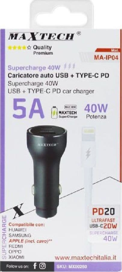KIT CARICABATTERIE AUTO USB/TYPE-C SUPERCHANGE CAVO LIGHTNING USB-C 1 MT MA-IP04 - 3