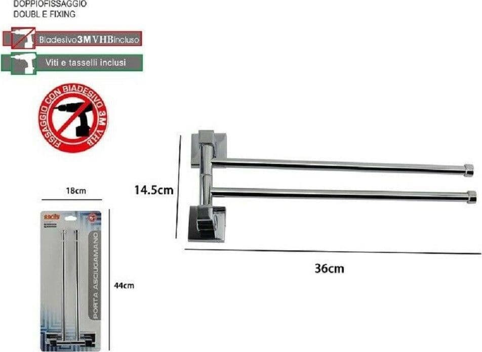 PORTA ASCIUGAMANI 2 BRACCI A PARETE BAGNO ACCIAIO CROMATO SQUARE 36X14.5CM 59196 - 2