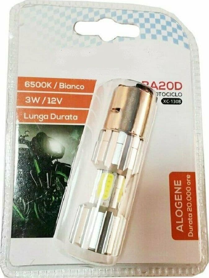 LAMPADINA PER MOTOCICLO BA20D ALOGENA LUCE BIANCA 6500K 3W LUNGA DURATA XC-1308 - 2