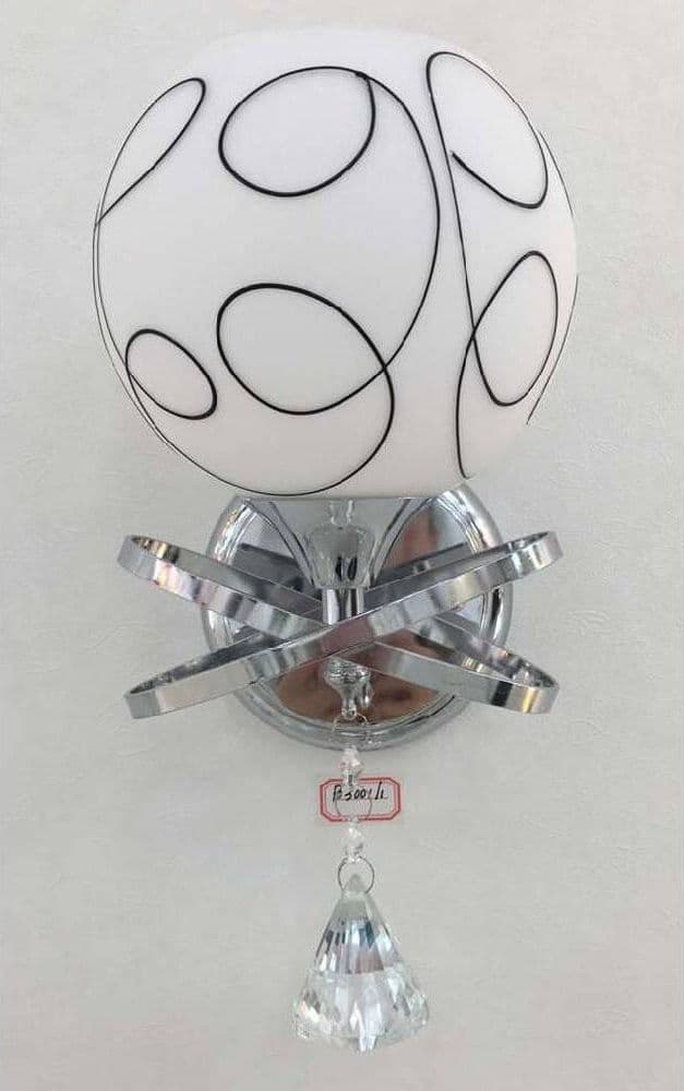APPLIQUE MODERNO PARALUME VETRO SFERA BIANCA NERA PENDENTE CRISTALLO ARGENTO E10 - 2