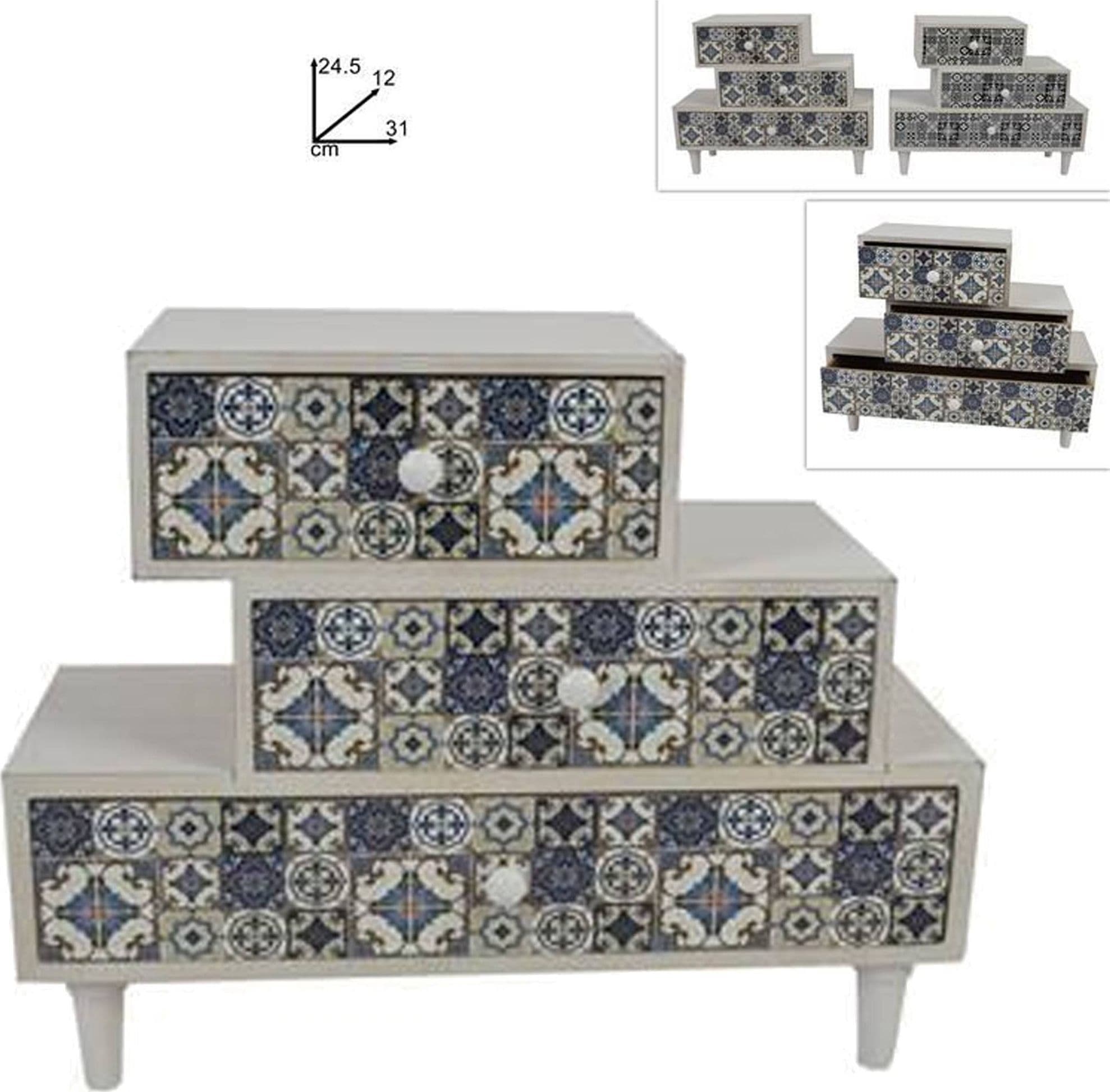 PORTA OGGETTI CASSETTIERA SFALSATI CON 3 CASSETTI LEGNO COUNTRY CHIC ARREDAMENTO