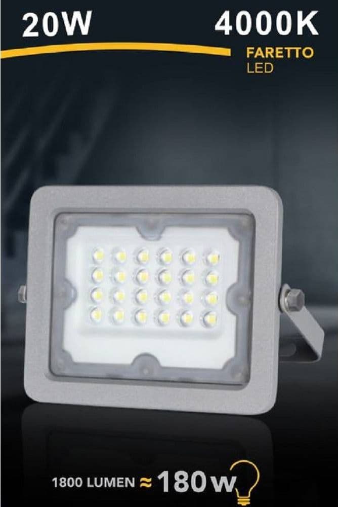 FARETTO LED PROIETTORE SLIM ESTERNO GRIGIO 20W IP65 LUCE 6500K 4000K 3000K FS20W – Bianco Naturale – TrAdE Shop Traesio –