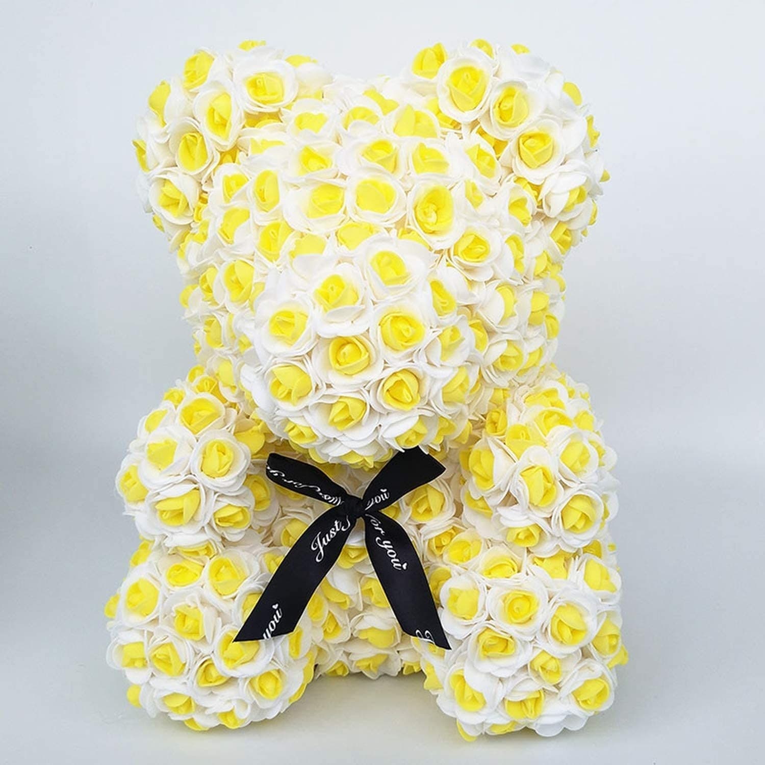 ORSACCHIOTTO ORSETTO ORSO DI ROSE CON FIORI ROSE DA 25CM COLORE GIALLO E BIANCO