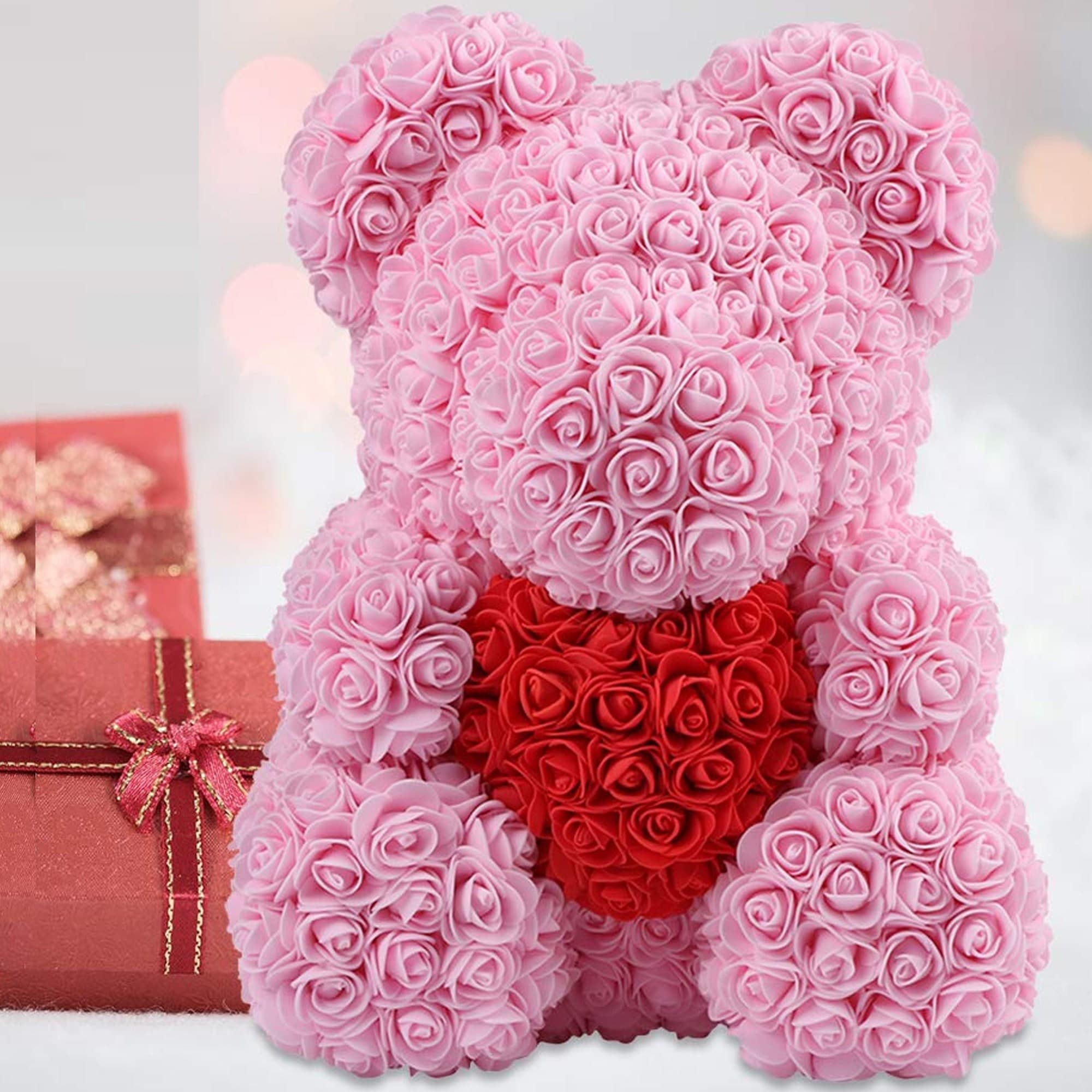 ORSACCHIOTTO ORSETTO ORSO DI ROSE CON FIORI DA 40CM COLORE ROSA CON CUORE ROSSO