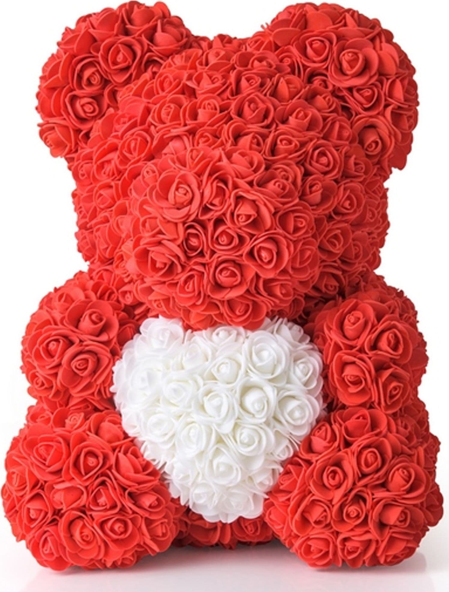 ORSACCHIOTTO ORSETTO ORSO DI ROSE CON FIORI DA 25 CM ROSSO CON CUORE BIANCO