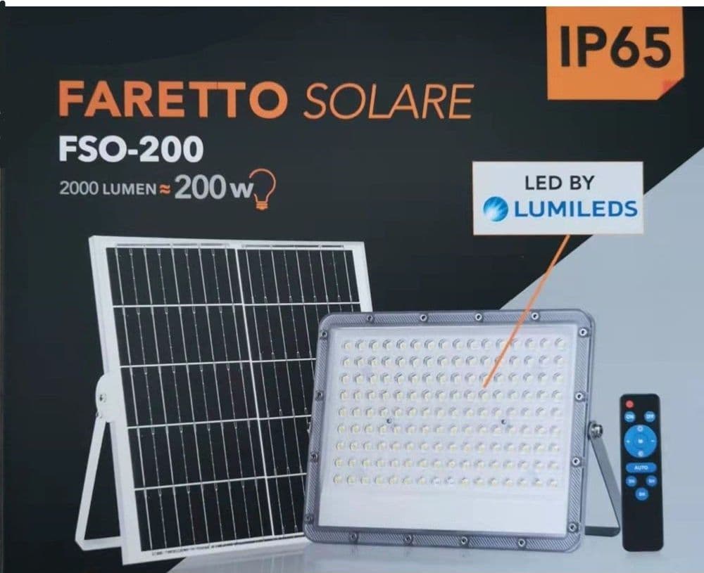 FARETTO FARO LED SOLARE 200 W TELECOMANDO IP65 LUCE BIANCO FREDDA 6500K FSO-200 - 7