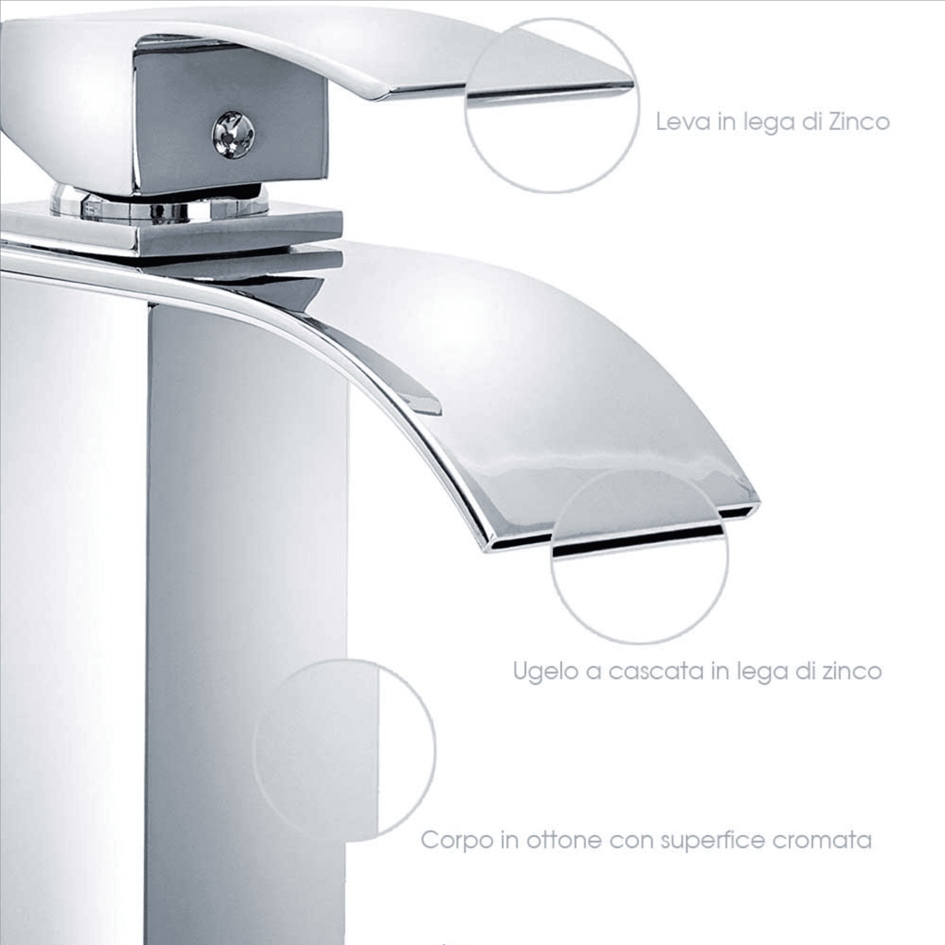RUBINETTO ALTO DA BAGNO DESIGN MODERNO A CASCATA MISCELATORE MONOCOMANDO CROMATO - 4
