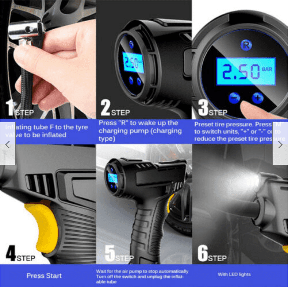 COMPRESSORE AD ARIA PER AUTO PORTATILE 12V PRESSIONE RUOTE CON DISPLAY LED 120W - 6