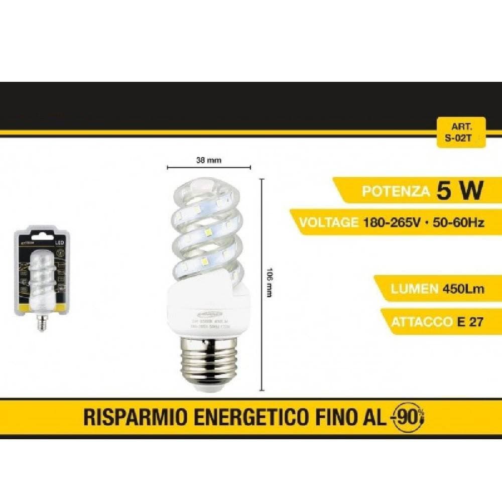 LAMPADINA LED A SPIRALE E27 5 W LUCE BIANCA FREDDA CALDA NATURALE 28D S-02T - 2